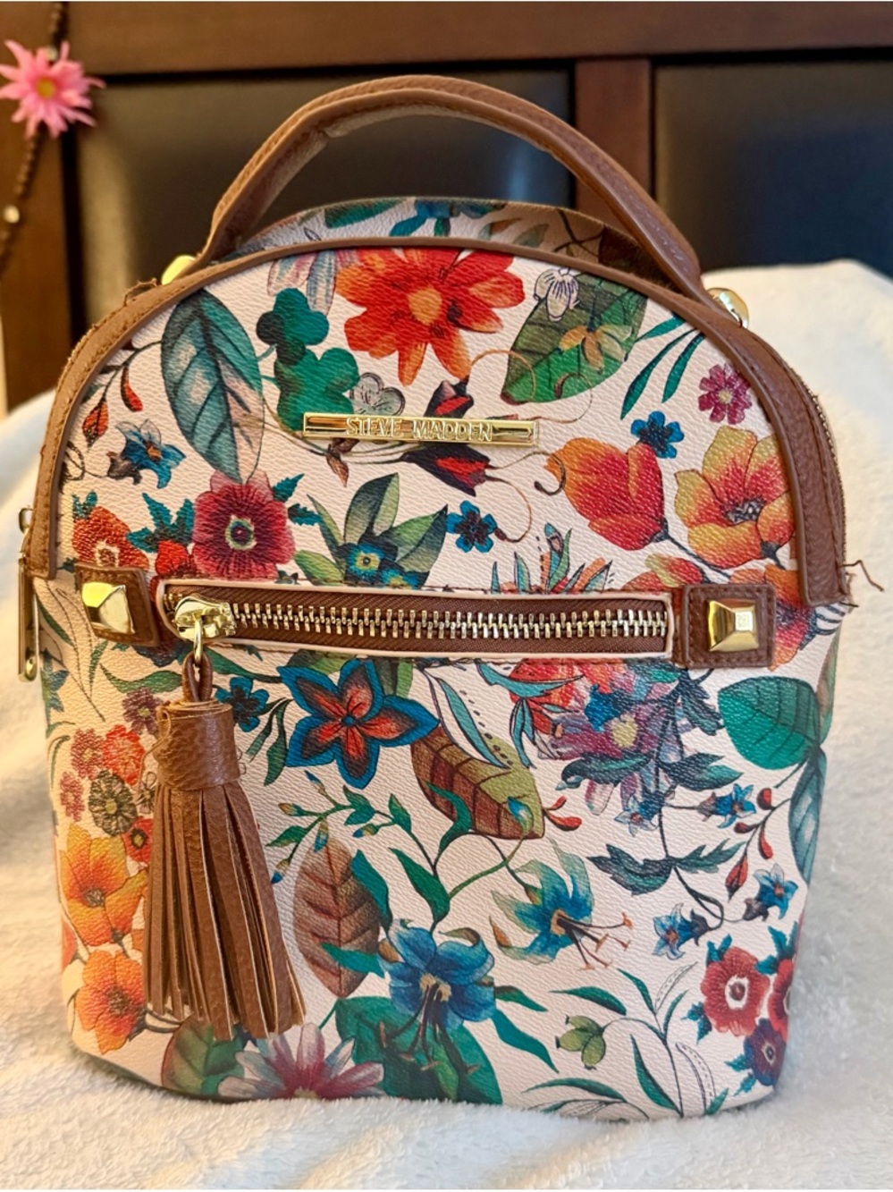 Steve Madden Multicolor Floral Leather Mini Backpack with Tassel